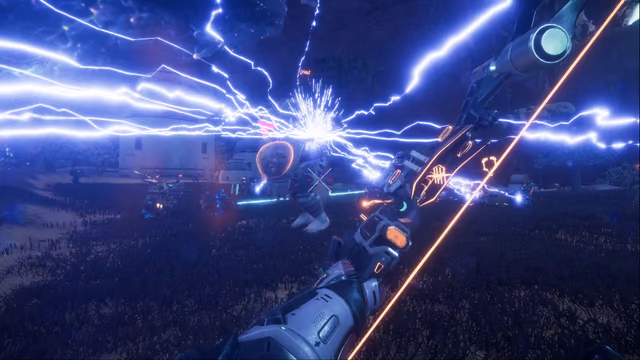 A first-person electric bow attack during a nighttime battle.