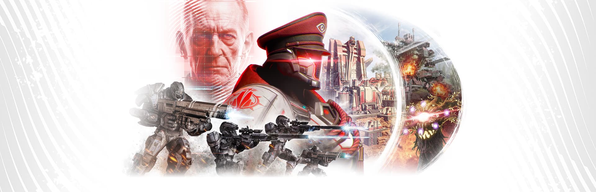 Armored soldiers stand before a dense futuristic colony.