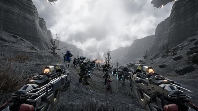 A first-person view as a large formation of soldiers advances through a canyon.