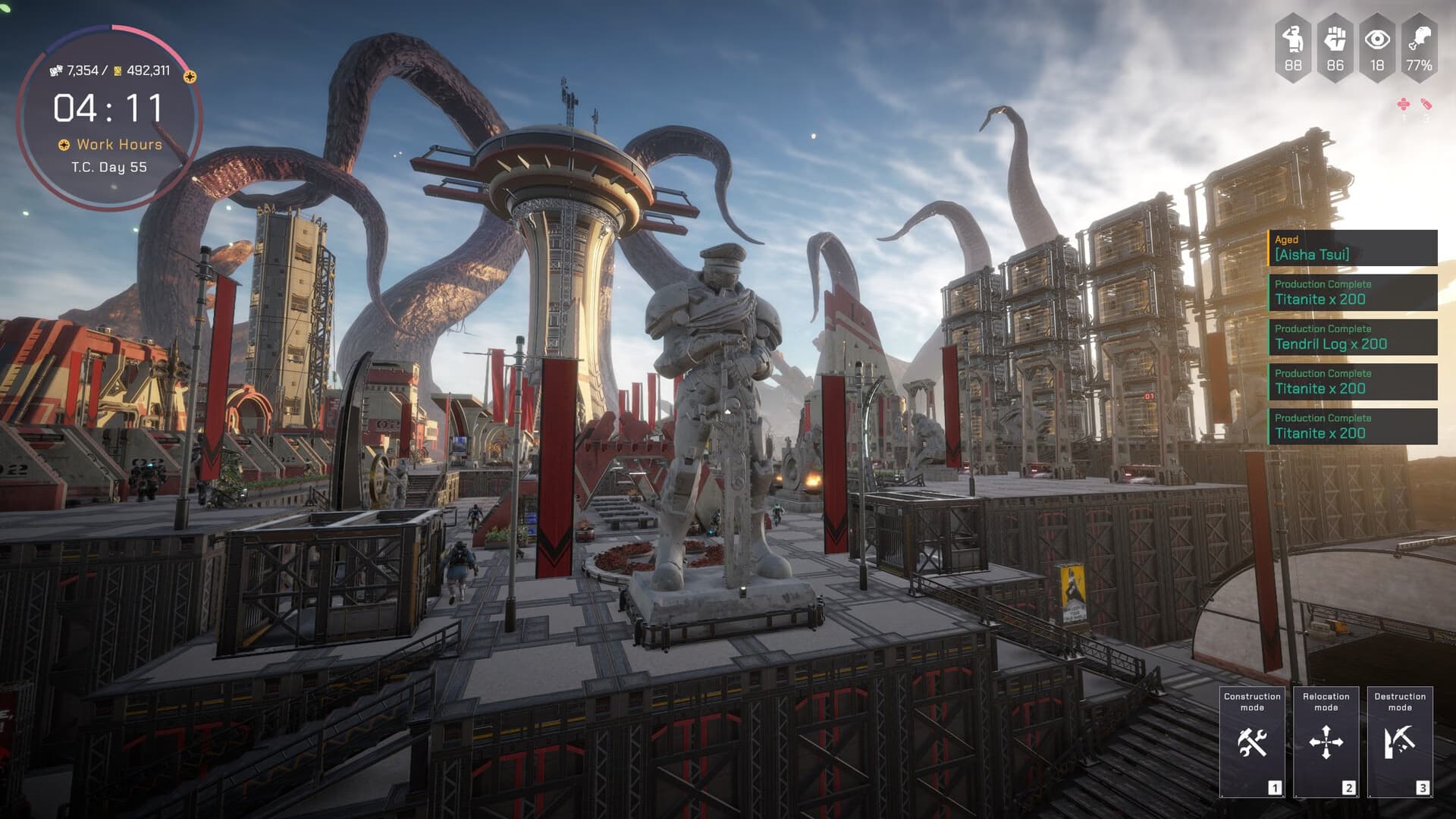 A colony plaza with a statue, production towers, citizens, and management controls.