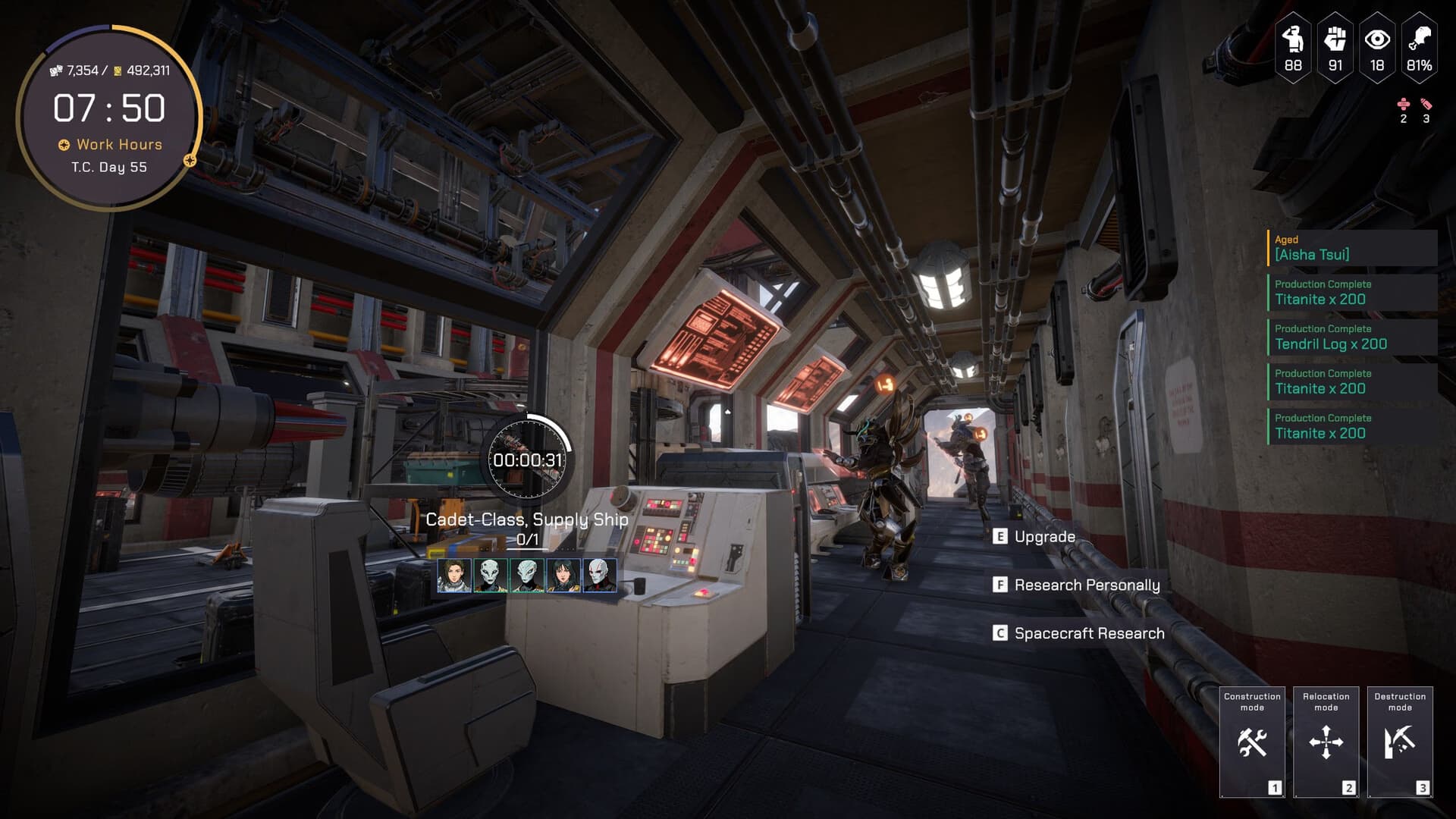 A first-person view of a supply-ship console with nearby characters and keyboard prompts.