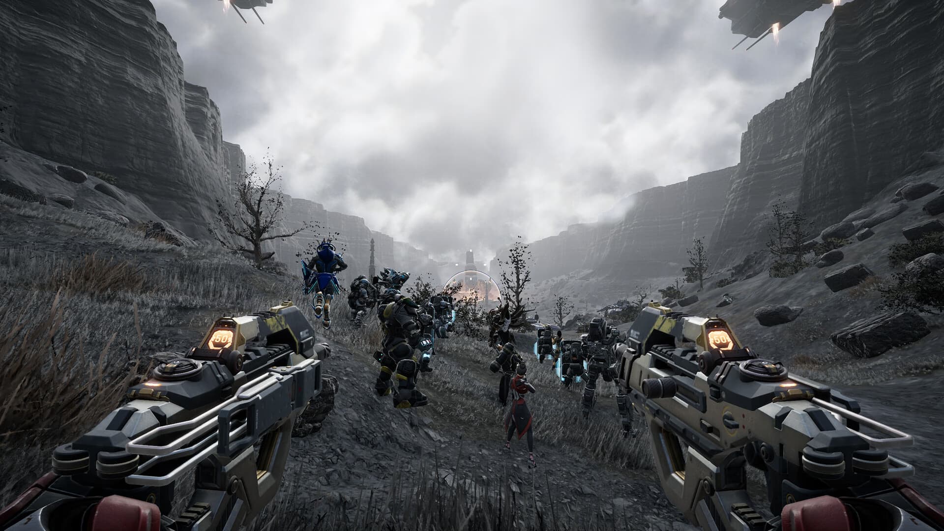 A first-person view as a large formation of soldiers advances through a canyon.